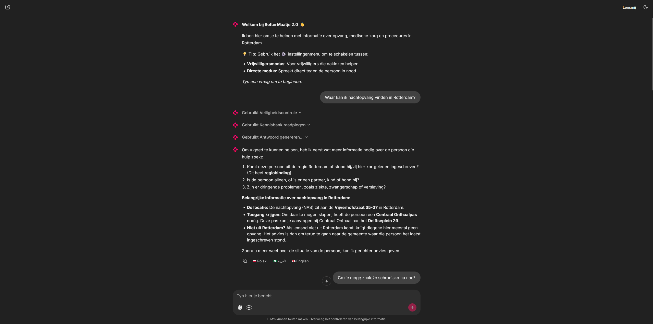 RotterMaatje 2.0 chatbot beantwoordt een vraag over nachtopvang in Rotterdam
